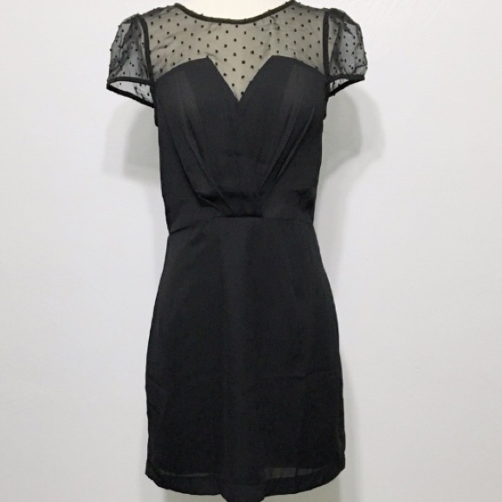 Kling Black Dress with Swiss Dot and Pleated Bodice and Pencil Skirt Dress